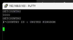 Screenshot of a PuTTY terminal window showing GETCOUNTRY commands and response COUNTRY IS : UNITED KINGDOM.