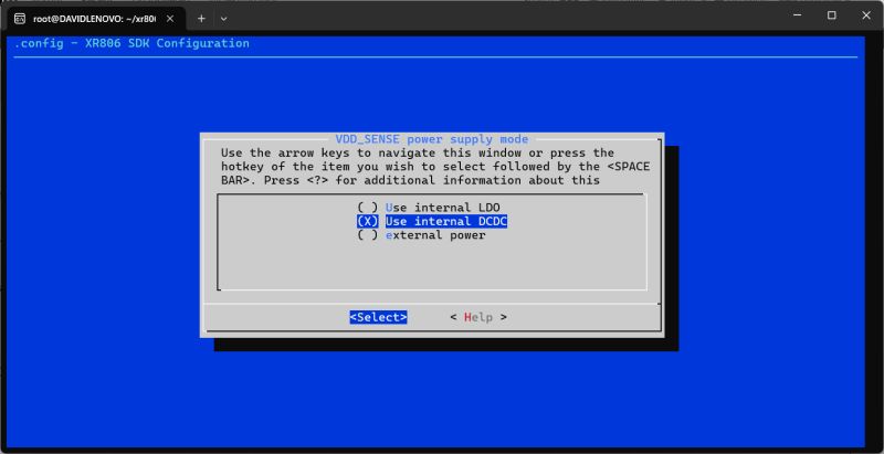 XR806 SDK configuration window with Use internal DCDC selected