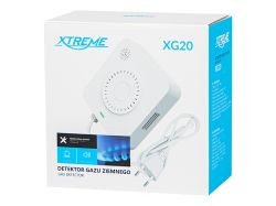 Pudełko detektora gazu ziemnego Xtreme XG20 z ilustracją czujnika i przewodem z wtyczką