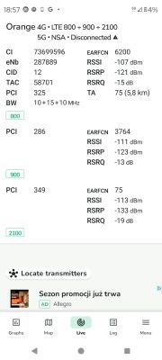 Zrzut ekranu wyników pomiaru sieci Orange LTE na pasmach 800, 900 i 2100 MHz