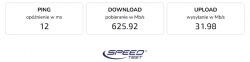 Wyniki testu prędkości internetu: ping 12 ms, pobieranie 625.92 Mb/s, wysyłanie 31.98 Mb/s.