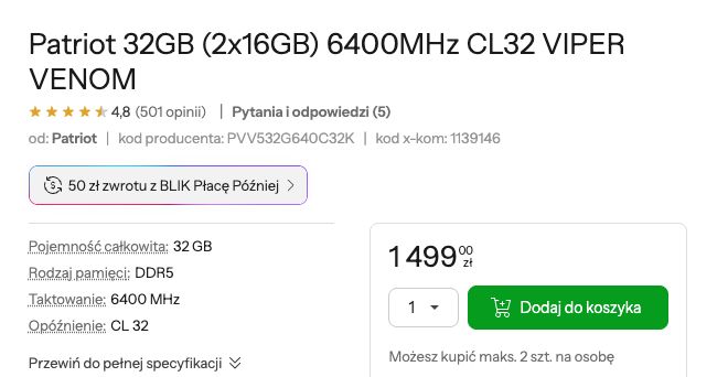 Moduły RAM Patriot 32GB DDR5 6400MHz CL32 z ceną 1499 zł w sklepie internetowym