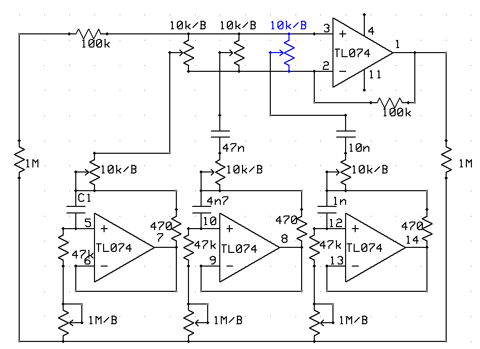 EQ aktywny na TL074 Zatyka się przy wzmocnieniu niskich częstotliwości.