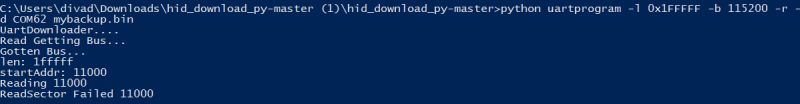 Terminal window showing memory read error using python uartprogram script.