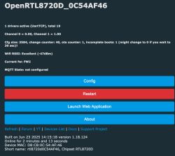 OpenRTL8720D user interface showing device status and control options