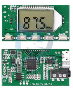 Moduł nadajnika FM z wyświetlaczem LCD i przyciskami sterującymi.