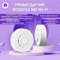 Two white air sensors on a purple background with Russian text describing 5 in 1 features.