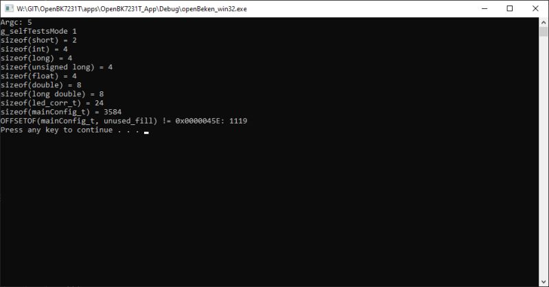 Windows console window showing sizeof outputs and “Press any key to continue...”