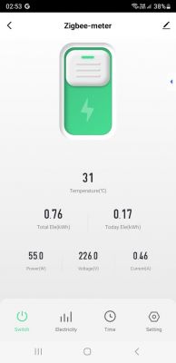 Zigbee-meter App Screenshot Screenshot of Zigbee-meter app displaying power measurement.