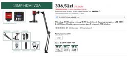 Zrzut ekranu oferty mikroskopu cyfrowego YIZHAN 13MP HDMI VGA z akcesoriami i ceną 336,51 zł.