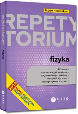 Okładka książki „Repetytorium. Fizyka” dla liceum/technikum, fioletowa, wydawnictwo GREG.