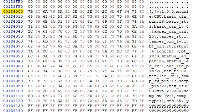 Hex editor screenshot showing bytes with an ASCII column containing readable JSON-like text.