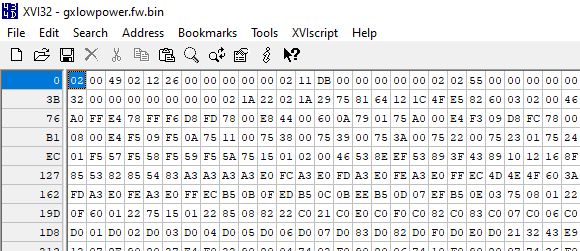 Screenshot from XVI32 showing hex content of gxlowpower.fw.bin firmware file