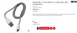 Kabel USB A do micro-USB B z białym nylonowym oplotem, długość 1m, tylko do ładowania.
