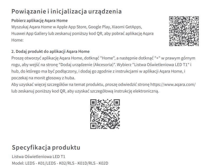 Instrukcja inicjalizacji Listwy Oświetleniowej LED T1 z kodami QR do pobrania aplikacji Aqara Home i instrukcji produktu.