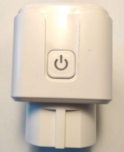 Wi-Fi Smart Plug with Power Button White smart plug with a power button on the front.