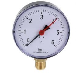 Traditional pressure gauge with a white dial and red needle, showing pressure up to 6 bar.