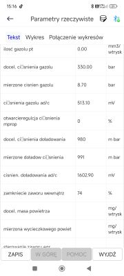 Zrzut ekranu parametrów diagnostycznych silnika Diesla w aplikacji mobilnej