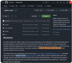 Zrzut ekranu repozytorium GitHub „clawd-code” w trybie ciemnym z listą plików i sekcją „Backstory”.