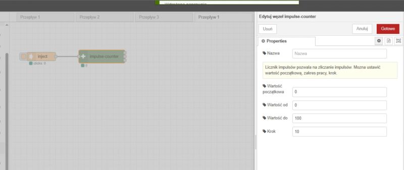 Impulse Counter Node Configuration in Node-RED Screenshot of the Node-RED editor showing the setup of an impulse counter node with its property configuration panel open.