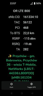 Zrzut ekranu z aplikacji HManager pokazujący parametry LTE 800.