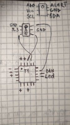 Hand-drawn wiring diagram of a BME280 sensor connected to a microcontroller, with labeled I2C pins