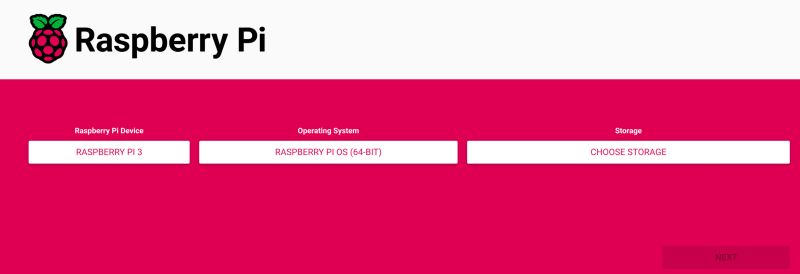 Ekran konfiguracji Raspberry Pi Imager z wyborem modelu, systemu operacyjnego i nośnika.