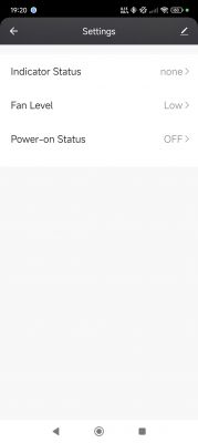 Tuya app screen showing settings for indicator status, fan level, and power-on status.