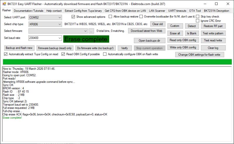 Screenshot of BK7231 Easy UART Flasher showing “Erase complete” and an XR806 log on COM52