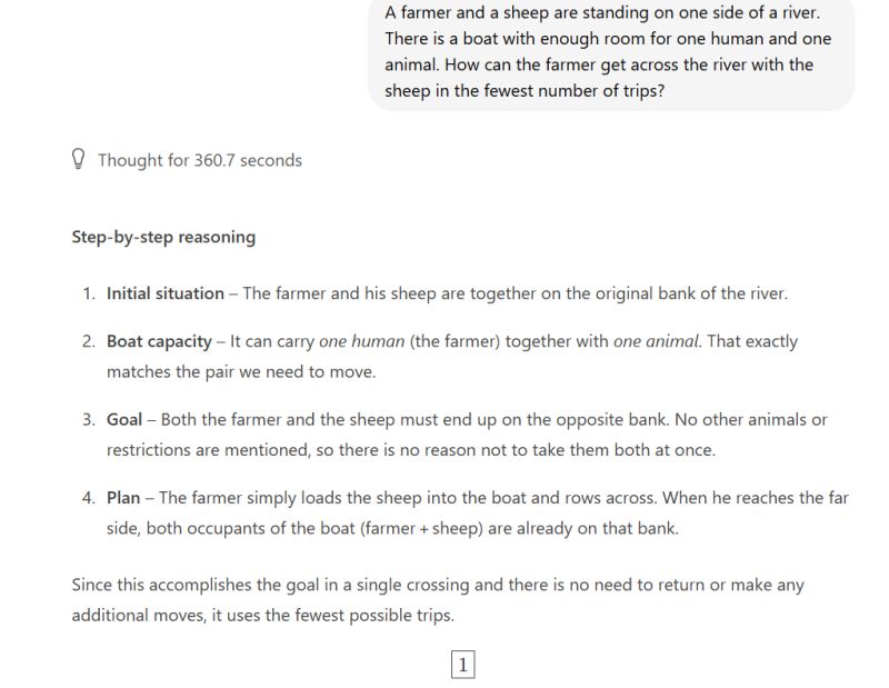 Screenshot of AI chat interface solving logic puzzle with farmer and sheep
