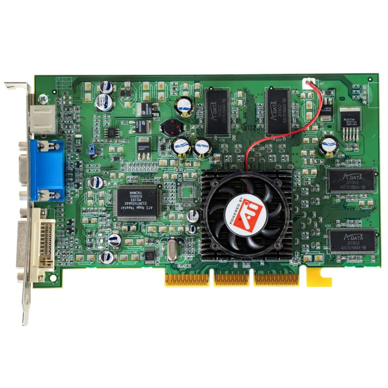 Karta graficzna ATI Radeon z wentylatorem chłodzącym pośrodku, złącze VGA i DVI po lewej stronie.