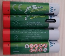 Activ Energy AA Lithium-Ion Rechargeable Batteries Four AA lithium-ion rechargeable batteries labeled Activ Energy.