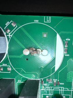 Electrolux Control Board with Damaged Resistor Control board from an Electrolux dishwasher with damage near the SMD resistor labeled “R513”.
