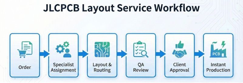 Workflow chart showing JLPCB’s PCB layout service steps from order to production