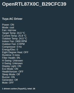 Screenshot of “Tuya AC Driver” showing air conditioner status settings and temperatures.