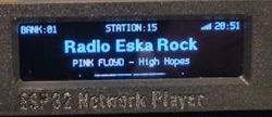 ESP32 Network Player display showing Radio Eska Rock and Pink Floyd's High Hopes playing