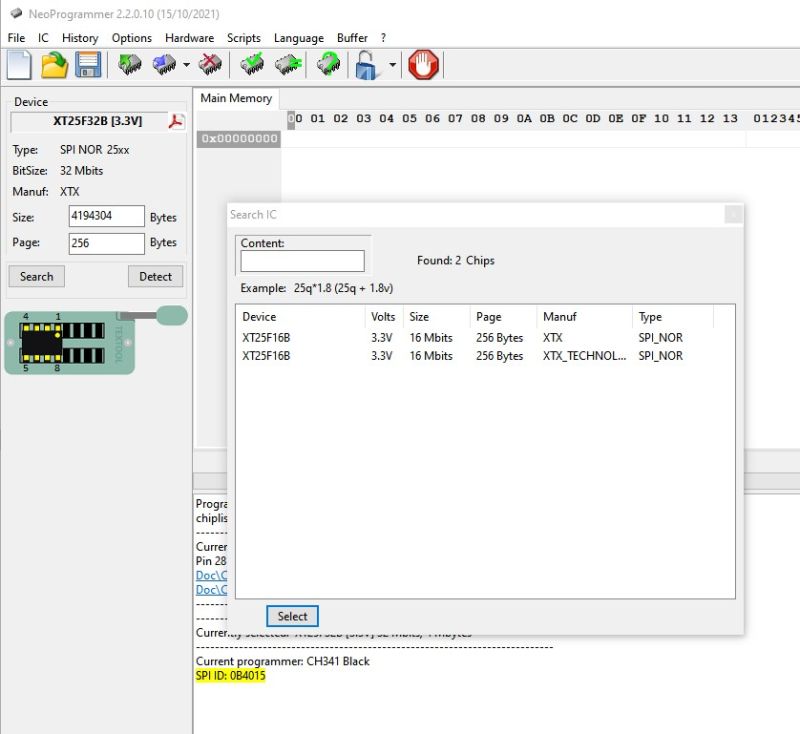 NeoProgrammer interface showing detected memory chip NeoProgrammer software interface with detected SPI NOR XT25F32B chip