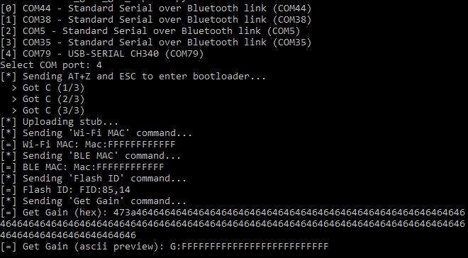 Screenshot of a console displaying COM port selection and serial communication with commands and responses from a bootloader.