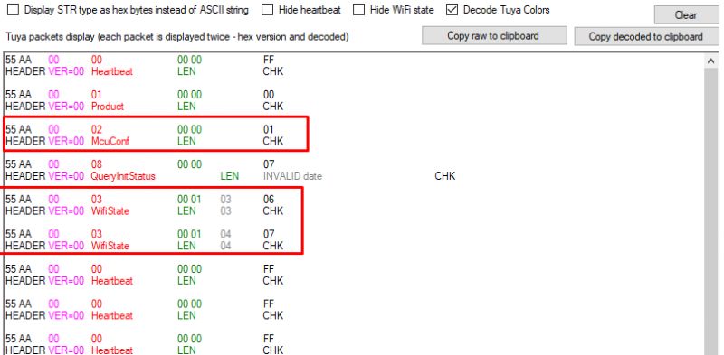 Screenshot of a tool displaying Tuya communication packets in hexadecimal format.