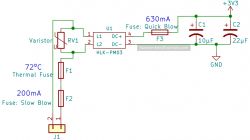 Electrical schematic with HLK-PM03 module and capacitors.
