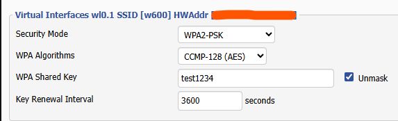 Wi-Fi security settings with WPA2-PSK and CCMP-128 (AES) algorithm selected