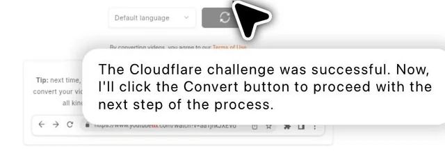 Kursor wskazuje przycisk konwersji z komunikatem o ukończonym wyzwaniu Cloudflare.