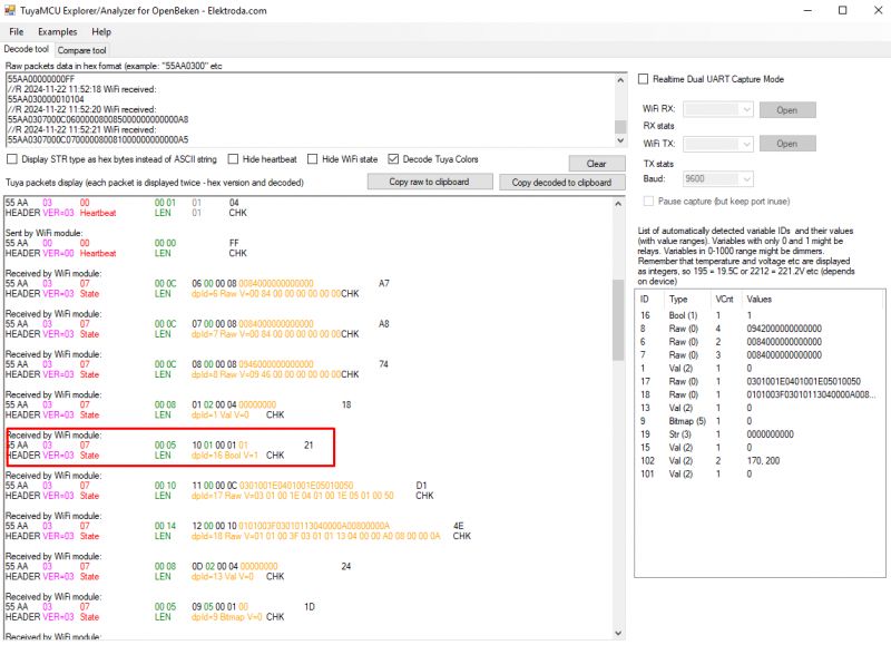 Screenshot of TuyaMCU Explorer/Analyzer Screenshot of the TuyaMCU Explorer/Analyzer tool for OpenBeken