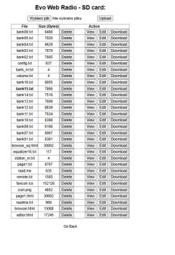 Screenshot of EVO Web Radio interface showing SD card file list with actions