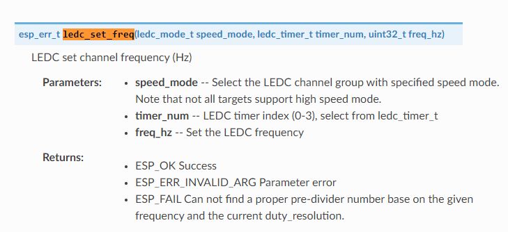 Screenshot of ledc_set_freq function documentation with a list of parameters and return values.