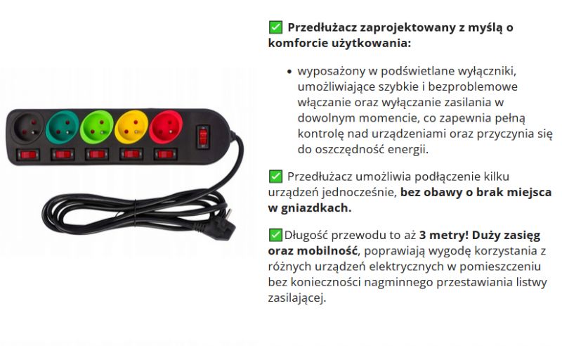 Przedłużacz elektryczny z pięcioma gniazdami i sześcioma włącznikami.