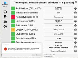 Zrzut ekranu programu WhyNotWin11 pokazujący wyniki kompatybilności z Windows 11, gdzie Kompatybilność CPU jest oznaczona na czerwono jako niespełniana.