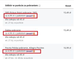 Zrzut ekranu z cenami dostawy za pobraniem z pakietem SMART na Allegro