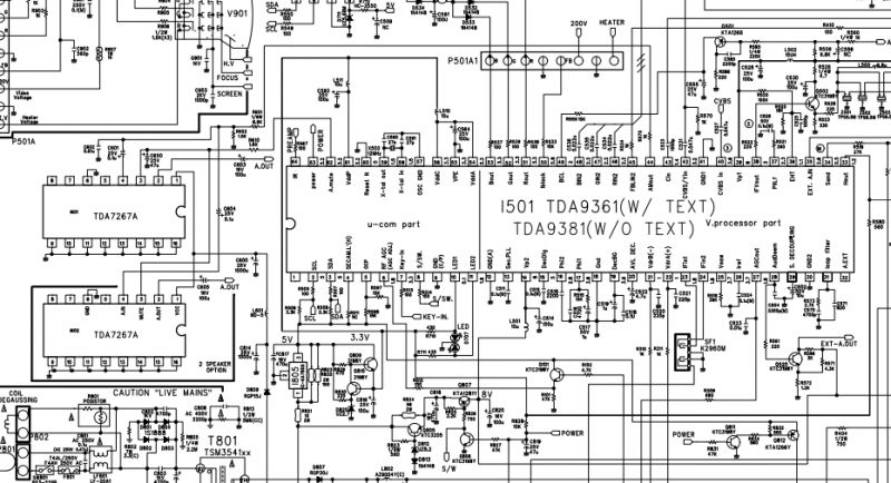Schemat elektryczny telewizora kineskopowego Daewoo K14C5GT z oznaczeniami komponentów.