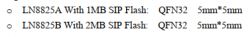 Comparison table of two chipsets, LN8825A and LN8825B, with different SIP Flash storage capacities.